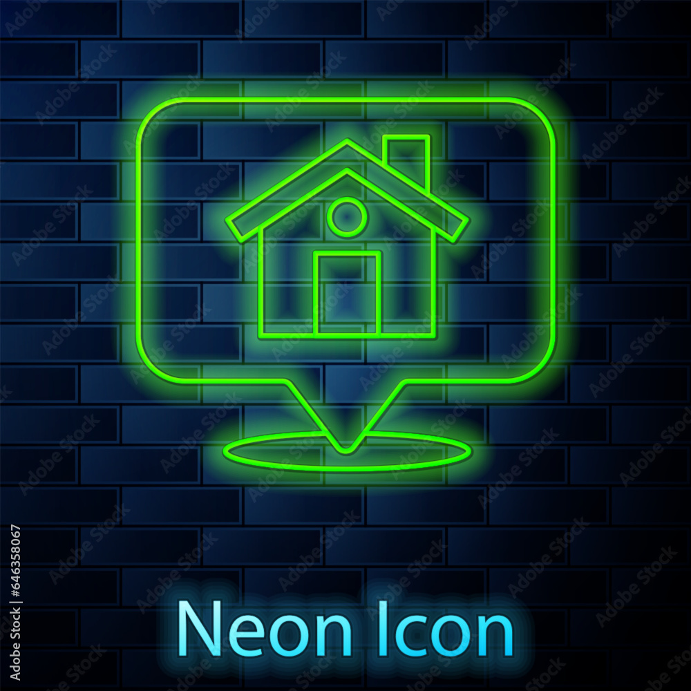 Glowing neon line Map pointer with house icon isolated on brick wall background. Home location marker symbol. Vector Glowing neon line Map pointer with house icon isolated on brick wall background. Home location marker symbol. Vector