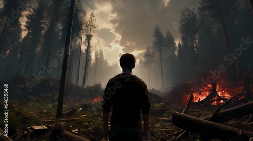 man in Destroyed forest, dark forest fire, Generative AI