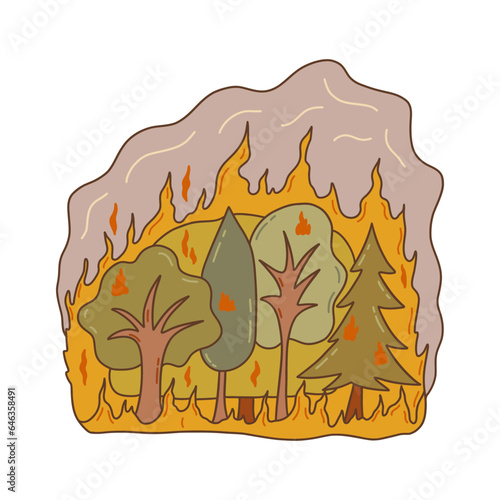 Forest fire, burning trees, lot of smoke. Save the forest. Emergency. Protect nature. Colorful vector isolated illustration with outline hand drawn card