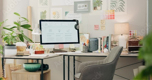 Empty, workspace and a computer in a home office for remote work, business or design of desk. Working, creative and a table with a pc and setup for a freelance career or entrepreneurship from a house