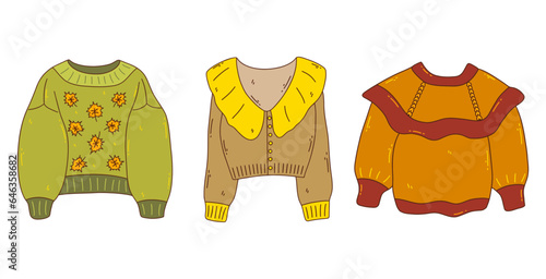Set of autumn cozy knitted sweaters. Seasonal warm clothes. Colorful vector isolated illustration with outline hand drawn doodle. Fall season