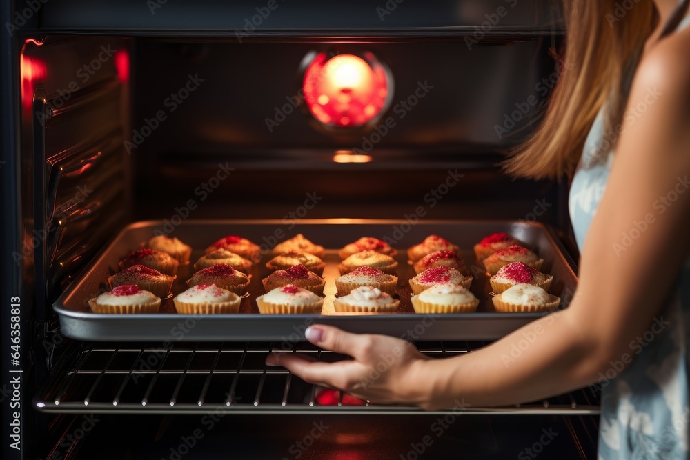 Woman baking cupcake oven. Generate Ai Woman baking cupcake oven. Generate Ai