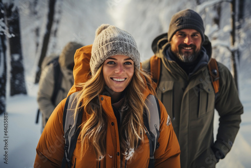 Portrait of happy couple looking in the winter forest