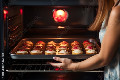 Woman baking cupcake oven. Generate Ai