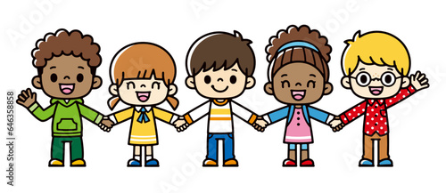 Children from various countries holding hands with smiles