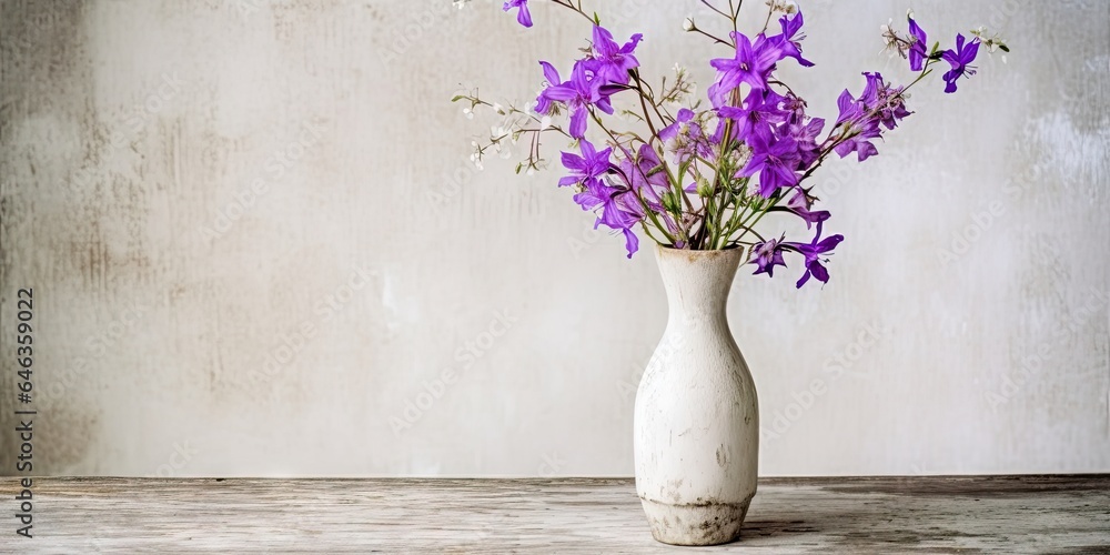 Purple flowers in vase on wooden table. Celebrating nature beauty. Vintage floral arrangement Purple flowers in vase on wooden table. Celebrating nature beauty. Vintage floral arrangement