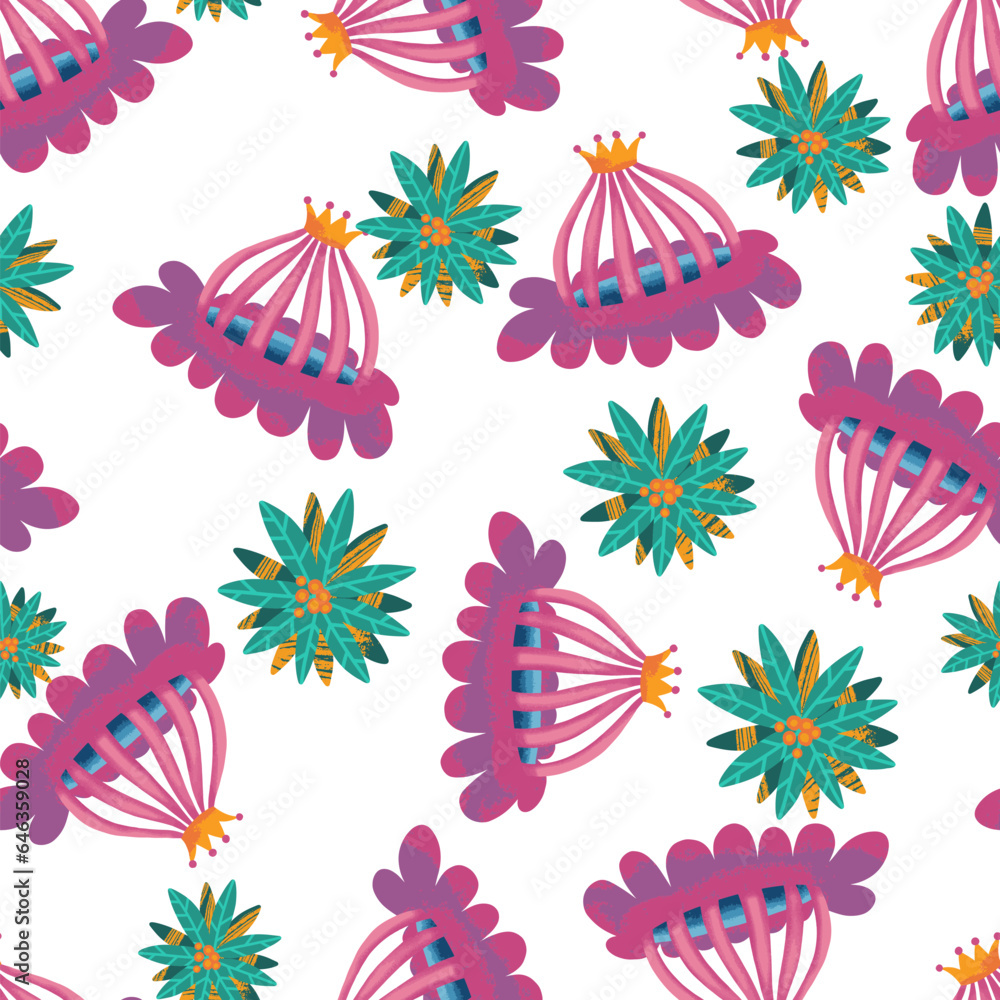 Fototapeta premium Weird Vintage Flowers and Plants Vector Seamless Pattern