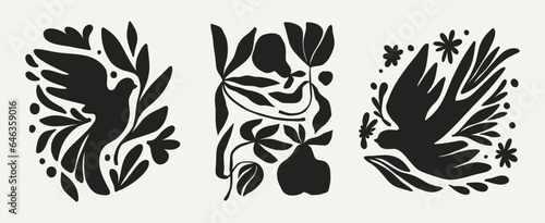 Abstract groovy posters dove of peace in multicolored colors. Modern trendy Minimal style. Hand drawn design for wallpaper, wall decor, print, postcard, cover, template, banner.