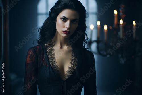 Portrait of beautiful gothic vampire woman. Female in mysterious dark Halloween costume. photo