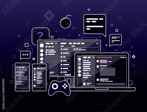 Outline illustration of various gadgets and cross-platform application