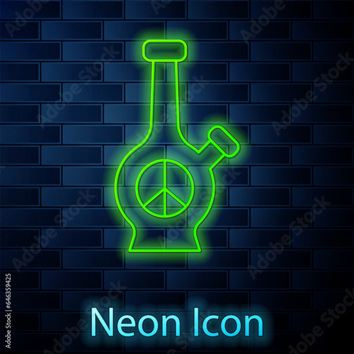Glowing neon line Glass bong for smoking marijuana or cannabis icon isolated on brick wall background. Vector