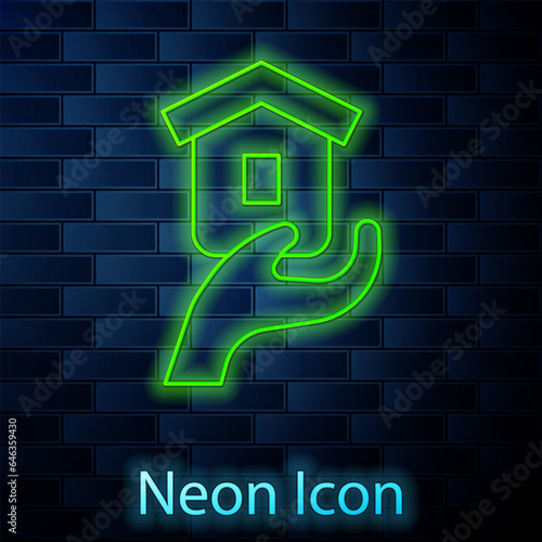 Glowing neon line Shelter for homeless icon isolated on brick wall background. Emergency housing, temporary residence for people, bums and beggars without home. Vector