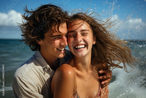 Fototapeta Naklejka Na Ścianę i Meble -  Young couple seashore beach hug. Generate Ai