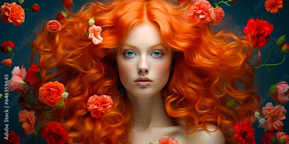 redhaired girl with gorgeous voluminous long dense hair on flowers background. hair dye, hairstyle redhaired girl with gorgeous voluminous long dense hair on flowers background. hair dye, hairstyle