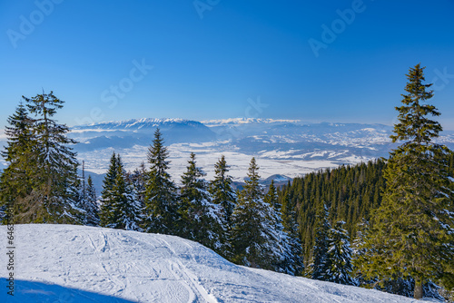 View from the Postavaru mountains (Brasov, Romania) to the Piatra Craiului and Fagaras mountains. Hiking above the clouds. Majestic nature scenery with snowy mountains in background