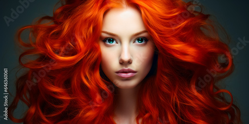 Young red haired woman with gorgeous voluminous long hair, dense, hairstyle. hair dye, hairstyle