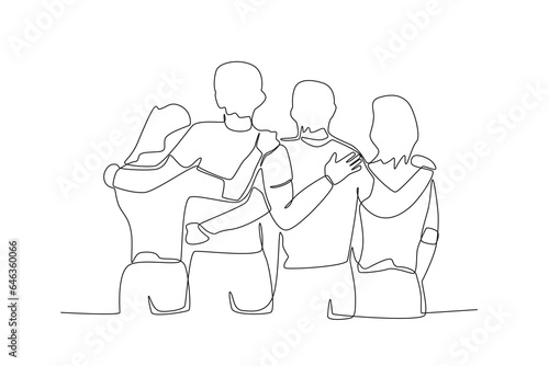 Single continuous line drawing of four friends looking up at the sky
