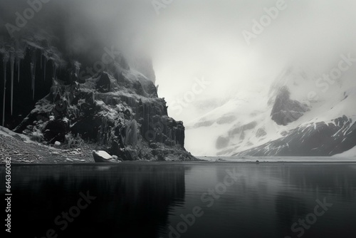 A tall structure casts a shadow over a foggy glacial lake in Antarctica. Generative AI