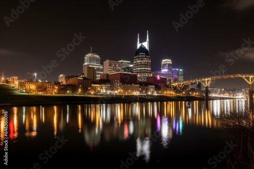 Panoramic city view of Nashville's Broadway district over Cumberland River at night. Generative AI