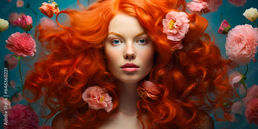 redhaired girl with gorgeous voluminous long dense hair on flowers background. hair dye, hairstyle redhaired girl with gorgeous voluminous long dense hair on flowers background. hair dye, hairstyle