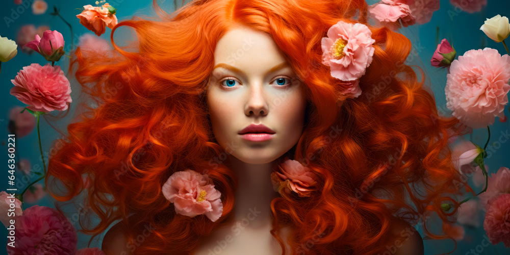 redhaired girl with gorgeous voluminous long dense hair on flowers background. hair dye, hairstyle