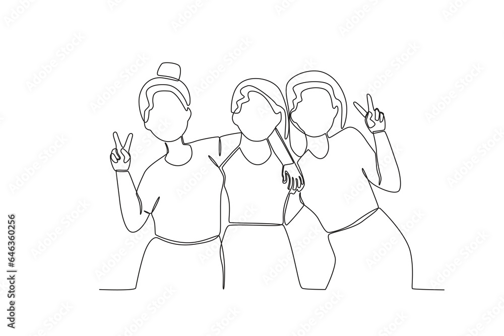 Single continuous line drawing of three girlfriends are capturing the moment
Single continuous line drawing of three girlfriends are capturing the moment