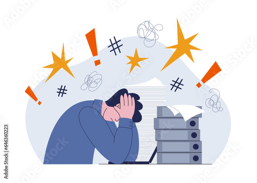 Professional burnout. Exhausted man sitting at his workplace in office holding his head. Concept of emotional burnout, stress, tiredness, mental health problems. Flat style vector illustration.