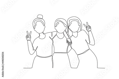 Single continuous line drawing of three girlfriends are capturing the moment
