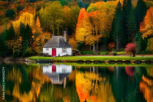 a tranquil scene where a charming cottage stands alongside a gently meandering river, its shores adorned with vibrant, autumn-hued trees