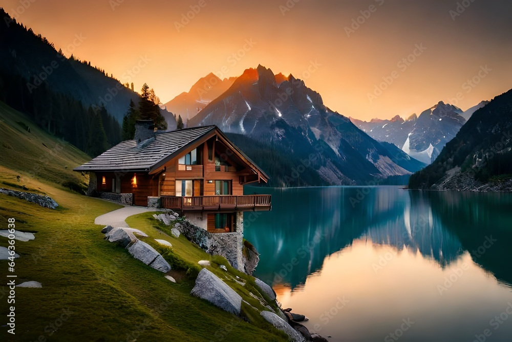 Fototapeta premium Scenic Mountain Chalet Overlooking Lake at Sunset