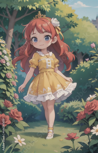 illustration of beautiful anime girl with a pretty dress is holding a flower