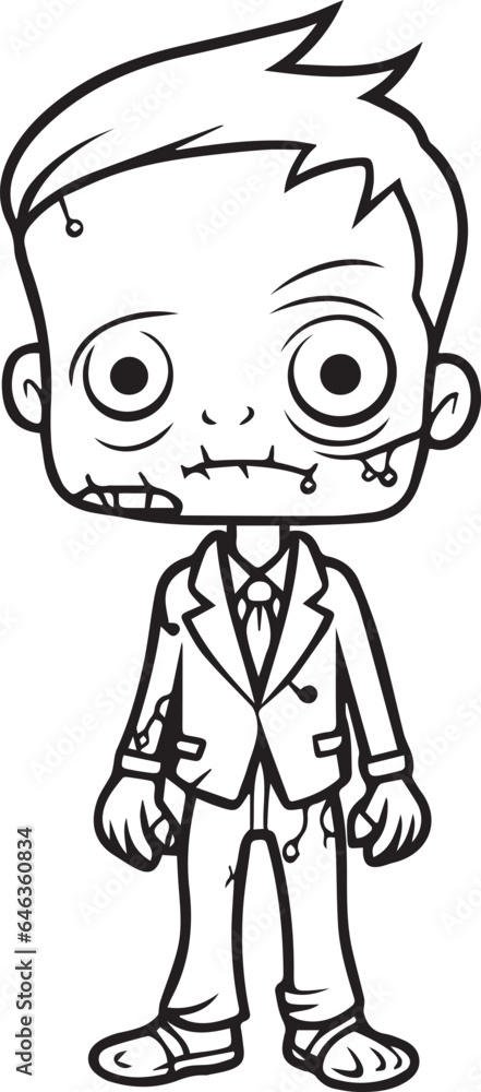 Colouring page for kids toddler and toddlers, minimal cute zombibe illustration one thick single outline drawing artwork