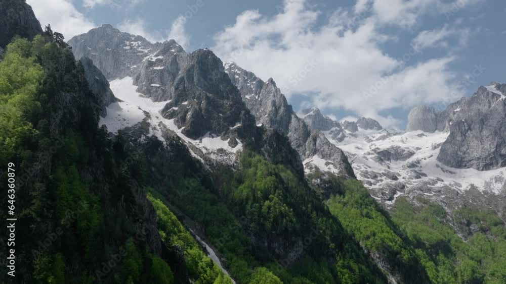 summer mountain landscape with a blue sky, clouds move slow. aerial view. snowy sharp peaks and green forest. stunning mountain scape summer mountain landscape with a blue sky, clouds move slow. aerial view. snowy sharp peaks and green forest. stunning mountain scape