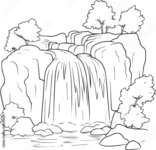 Colouring page for kids toddler and toddlers, minimal cute waterfall illustration one thick single outline drawing artwork