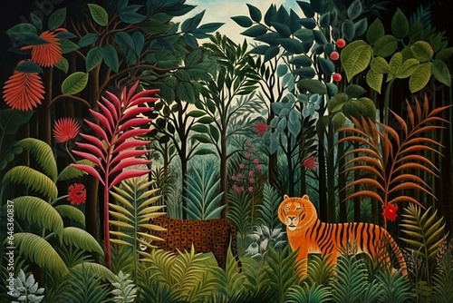 Equatorial jungle, 1909 painting, oil on canvas. Rousseau, a retired clerk, became a full-time artist. Generative AI photo