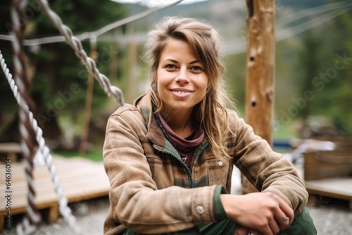 portrait shot of a woman sitting outdoors at an adventure park