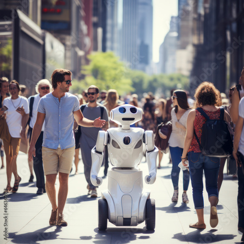 robot walking down a city street with people.