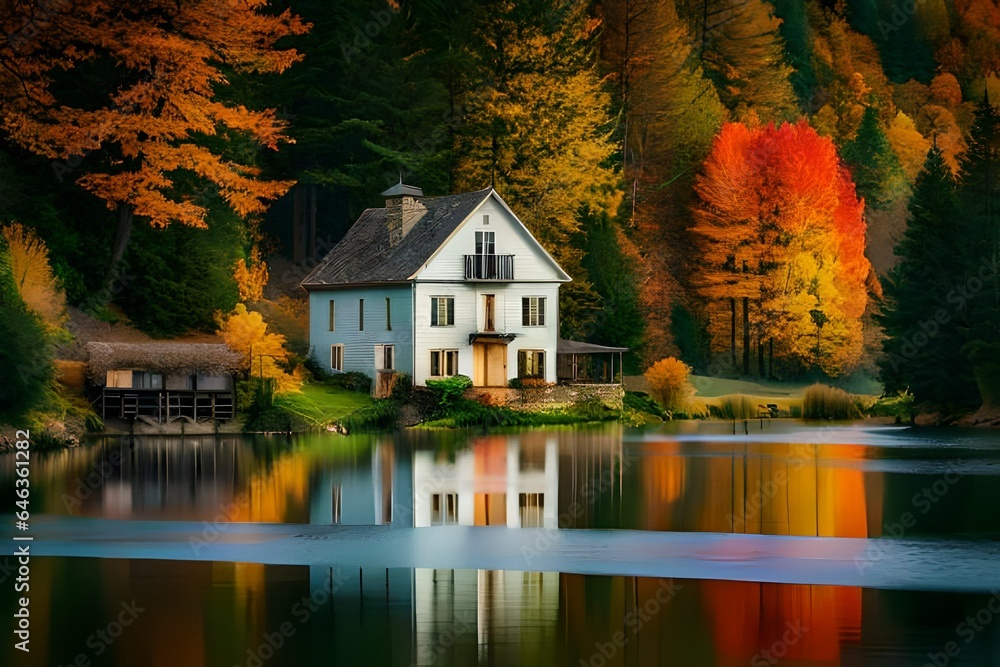 an image that evokes the beauty of rural life, featuring a welcoming abode resting on the edge of a winding river, flanked by a lush forest adorned with a myriad of colors