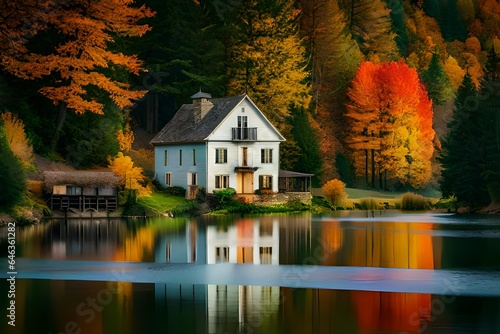 an image that evokes the beauty of rural life  featuring a welcoming abode resting on the edge of a winding river  flanked by a lush forest adorned with a myriad of colors