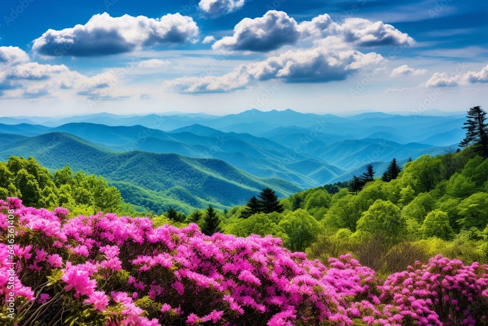 Panoramic view of Smoky Mountains from Blue Ridge Parkway in NC with abundant flowers, layers of green hills and mountains close to Asheville. Generative AI