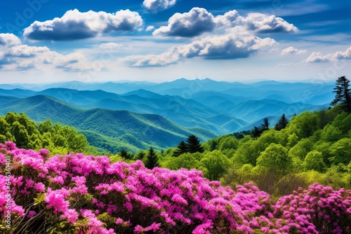 Panoramic view of Smoky Mountains from Blue Ridge Parkway in NC with abundant flowers, layers of green hills and mountains close to Asheville. Generative AI