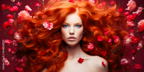 redhaired girl with gorgeous voluminous long dense hair on flowers background. hair dye  hairstyle