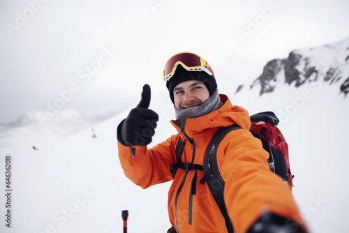cropped shot of a young male skier showing thumbs up while standing on the slope