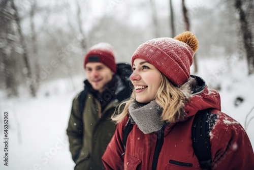 shot of a young man and woman hanging out in the snow together