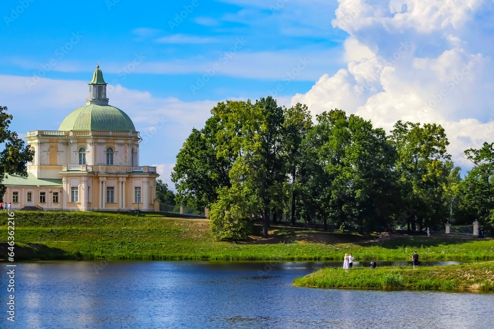 View of the Great Menshikov Palace from the Lower Pond in the Oranienbaum palace and park ensemble