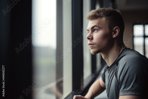 shot of a young man looking out the window while training in his sports centre