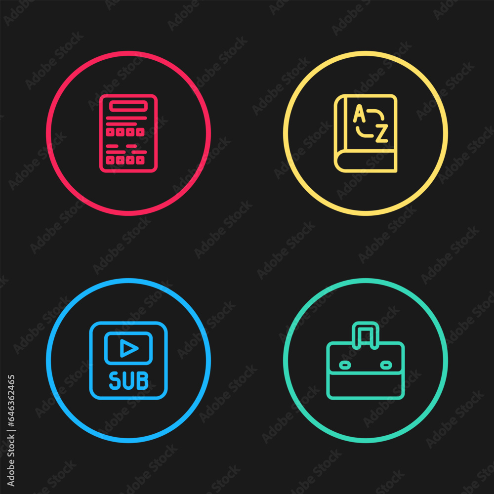 Set line Video with subtitles, Briefcase, Translator book and Exam sheet icon. Vector Set line Video with subtitles, Briefcase, Translator book and Exam sheet icon. Vector