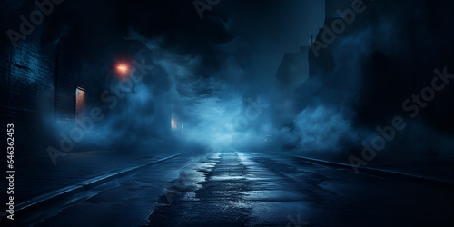 A mysterious and eerie city street enveloped in dense fog at night