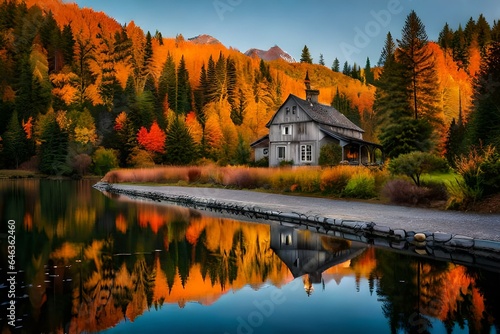 a serene countryside landscape, where a cozy house sits nestled amidst a tapestry of vivid trees, their leaves shimmering with the hues of a radiant sunset 