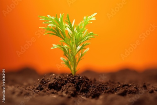 closeup of a seedling in soil against an orange background